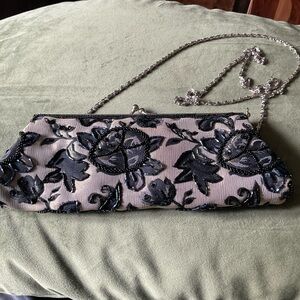 Petite Gold Sheen Evening Bag with Kiss Lock. Long crossbody chain.
